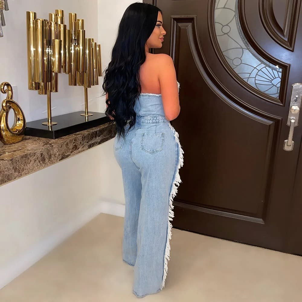 2023 Vintage Denim Jumpsuit: Off-Shoulder Rivet Romper